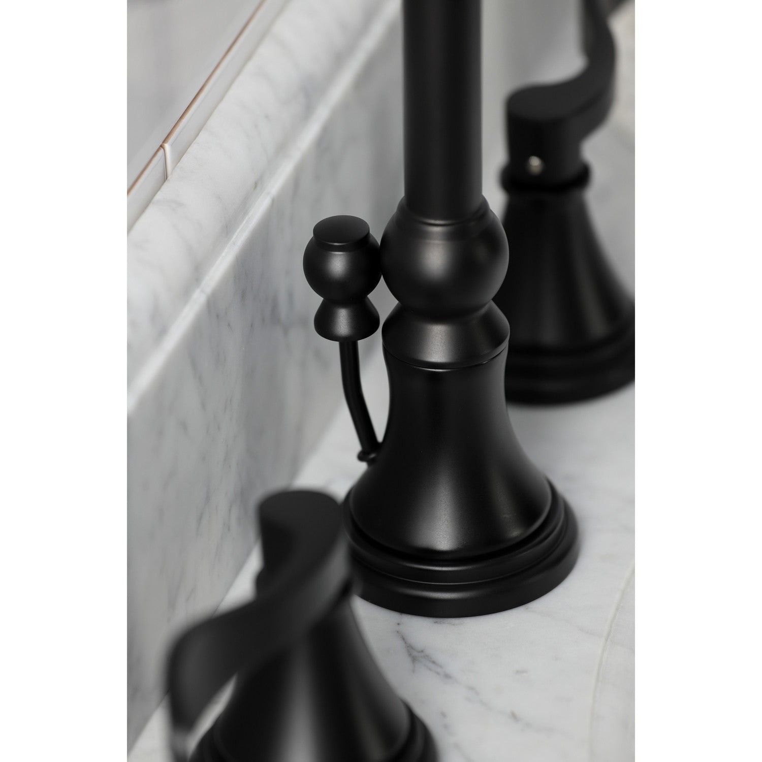 Kingston Tulare KS2980DFL - NuFrench Two-Handle 3-Hole Deck Mount Widespread Bathroom Faucet with Brass Pop-Up, Matte Black — thumbnail 3